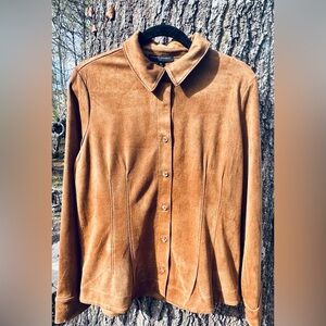 Banana Republic Factory Vegan Suede Shirt in a tan "Costa Coffee" color.
